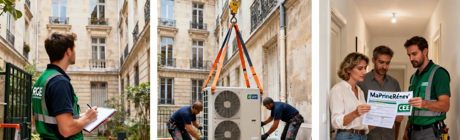 Installation PAC en immeuble haussmannien Paris 2e : contraintes de levage et réduction du reste à charge avec MaPrimeRénov'