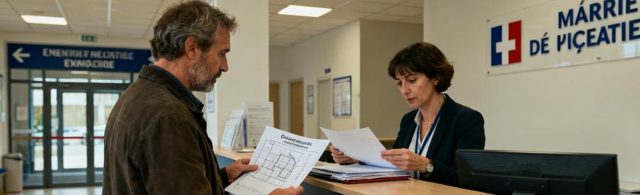 Devis panneaux solaires : Propriétaire déposant une déclaration préalable de travaux pour installation solaire en mairie