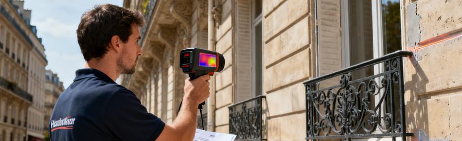 Installateur QualiPAC réalisant un diagnostic thermique sur immeuble haussmannien protégé Paris 7e arrondissement