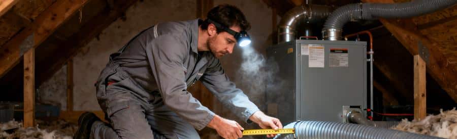 Devis VMC : Artisan RGE inspectant les gaines VMC dans les combles d'un pavillon avant chiffrage de l'installation