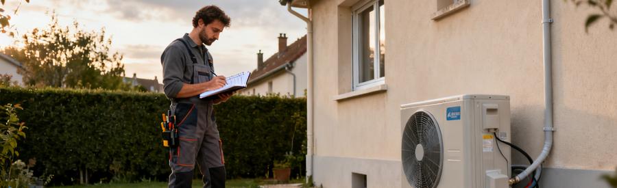 Artisan calculant la puissance d'une pompe à chaleur devant un pavillon en Essonne pour un dimensionnement optimal