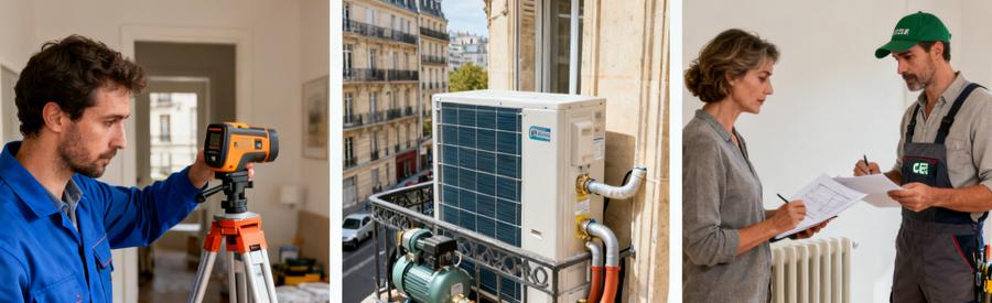 Dimensionnement Puissance Pac Pantin Appartement Dimensionnement pompe à chaleur Pantin : technicien calculant la puissance PAC adaptée pour appartement 70m²