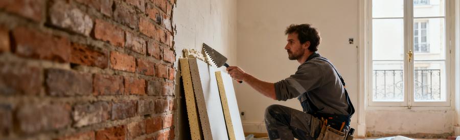 Artisan posant un complexe isolant par doublage collé sur mur en brique d'un appartement parisien en rénovation