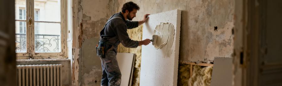 Artisan posant un complexe isolant en doublage collé sur mur intérieur d'appartement Paris 13e
