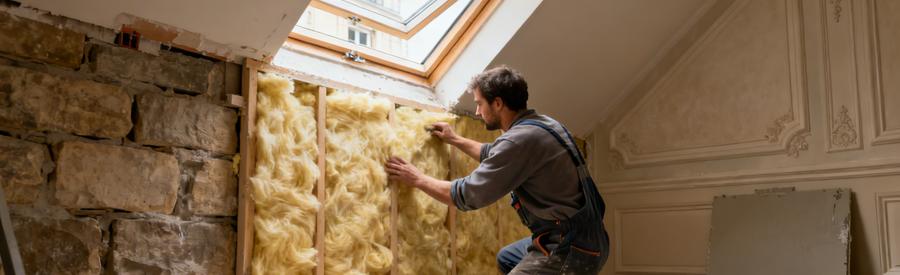 Artisan posant un complexe isolant en laine de verre sur mur intérieur d'appartement parisien, technique ITI