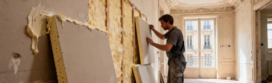 Artisan posant des panneaux isolants en doublage collé sur mur intérieur d'appartement parisien en rénovation