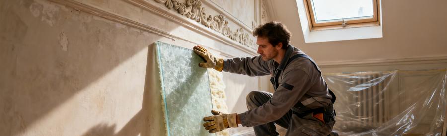Artisan appliquant panneau isolant laine de verre par doublage collé dans appartement haussmannien Paris 9e