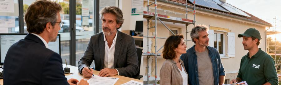 Propriétaires et conseiller étudiant un dossier éco-PTZ pour financer des travaux de rénovation énergétique