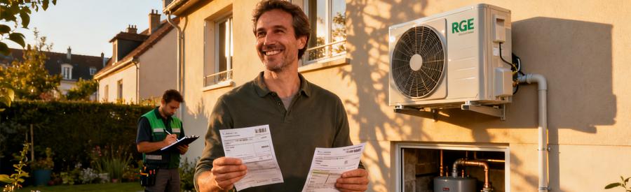 Propriétaire satisfait devant sa pompe à chaleur air/eau à Asnières-sur-Seine, factures en main après rénovation
