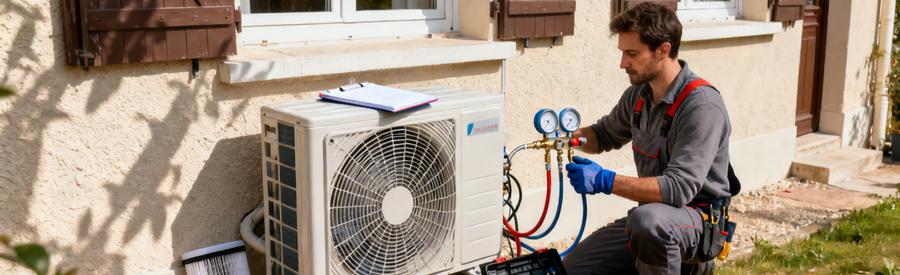 Entretien Annuel Pompe A Chaleur Seine Saint Denis 93 Technicien effectuant l'entretien annuel d'une pompe à chaleur air/eau sur un pavillon en Seine-Saint-Denis