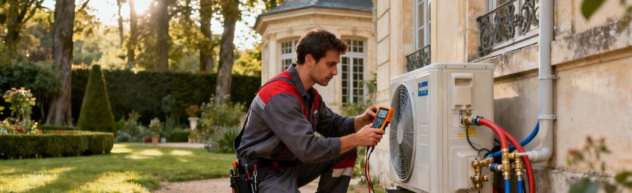 Technicien certifié réalisant l'entretien annuel d'une pompe à chaleur air/eau sur pavillon à Versailles