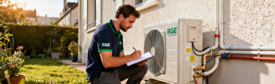 Technicien RGE réalisant l'entretien d'une pompe à chaleur sur pavillon à Épinay-sur-Seine