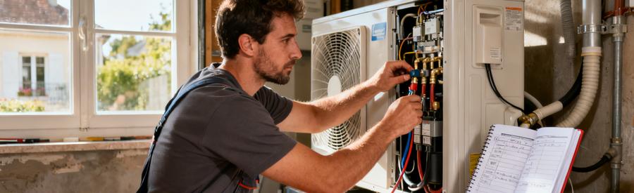 Technicien certifié réalisant l'entretien obligatoire d'une pompe à chaleur dans un pavillon de Bezons