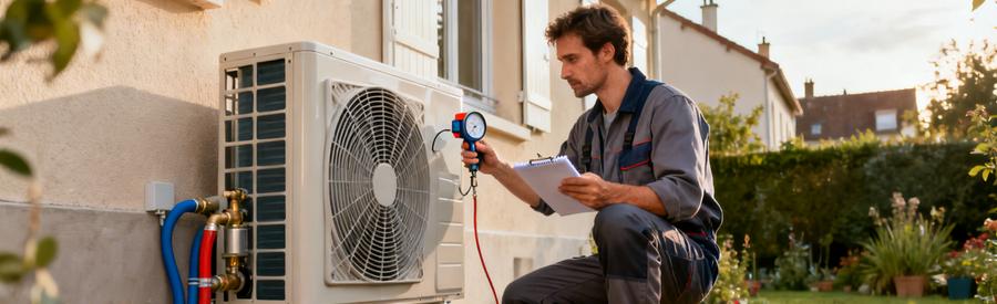 Technicien vérifiant le compresseur d'une pompe à chaleur lors d'une visite d'entretien obligatoire à Bondy