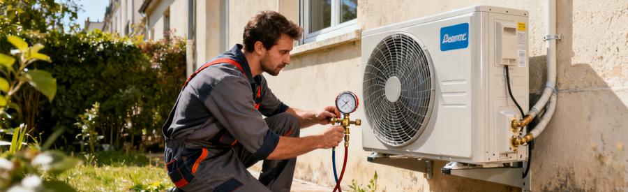 Entretien Pompe A Chaleur Pantin Maintenance Technicien réalisant la maintenance obligatoire d'une pompe à chaleur air/eau sur pavillon à Pantin