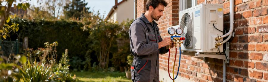 Technicien RGE contrôlant le circuit frigorifique d'une pompe à chaleur air/eau lors d'une maintenance en Seine-Saint-Denis
