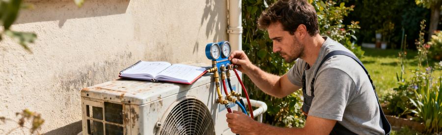 Technicien RGE contrôlant les connexions frigorifiques d'une pompe à chaleur lors d'une visite annuelle à Villejuif