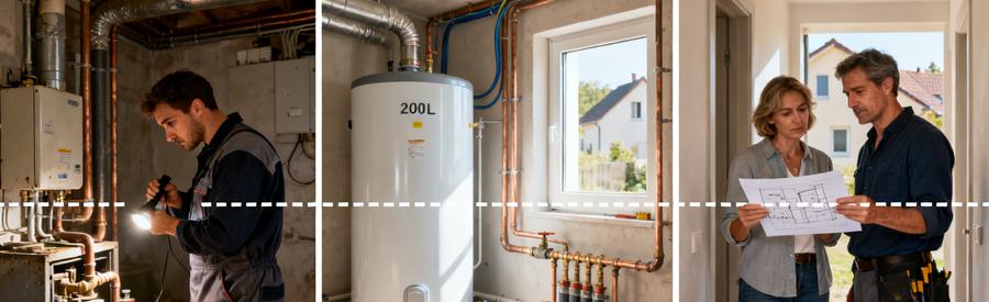 Devis ballon thermodynamique : Inspection ancien chauffe-eau, ballon thermodynamique installé et propriétaires étudiant une estimation de travaux