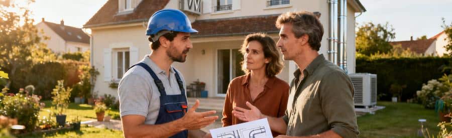 Devis VMC : Artisan RGE présentant une estimation de projet VMC à des propriétaires devant leur maison pavillonnaire