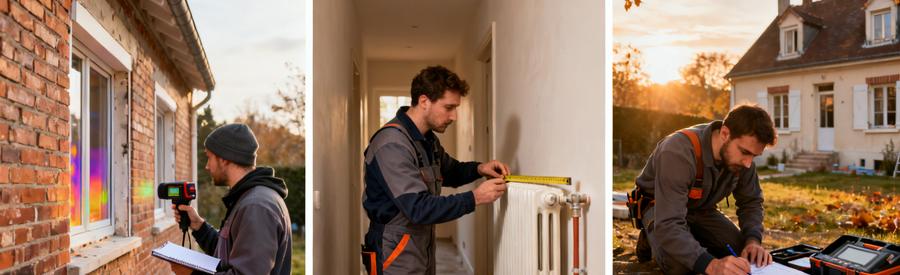 Artisan RGE réalisant diagnostic thermique et bilan de puissance avant installation pompe à chaleur dans pavillon à Montreuil