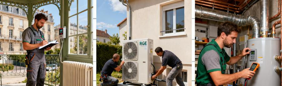 Trois étapes d'installation d'une pompe à chaleur à Épinay-sur-Seine : diagnostic, pose unité extérieure, mise en service
