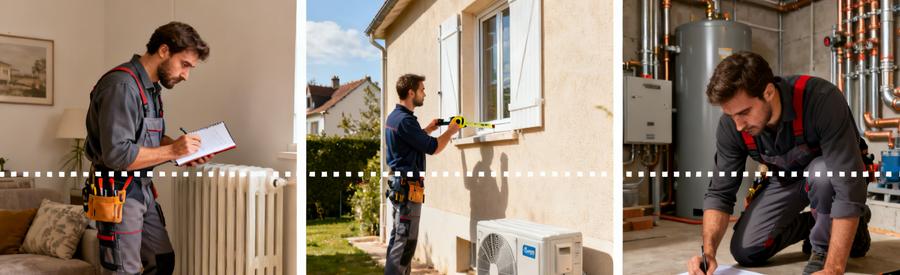 Trois étapes installation pompe à chaleur Sarcelles : visite technique, mesures façade et dimensionnement par artisan RGE