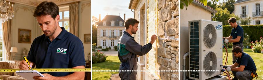 Artisan RGE réalisant visite technique avant installation pompe à chaleur dans maison à Versailles