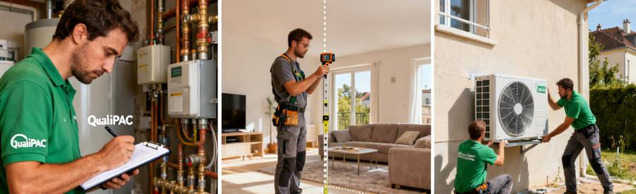 Trois étapes installation pompe à chaleur Villejuif : audit, mesures et pose unité extérieure par artisan RGE