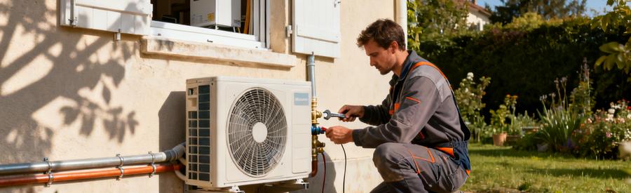 Fonctionnement Pompe A Chaleur Unite Exterieure Technicien inspectant les raccordements d'une pompe à chaleur air-eau installée sur façade de pavillon français