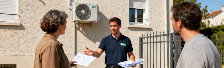 Artisan certifié RGE présentant une sélection d'installateurs PAC à un propriétaire devant sa maison à Drancy