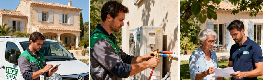 Installateur RGE QualiPAC posant une pompe à chaleur à Cagnes-sur-Mer pour accéder aux aides MaPrimeRénov'