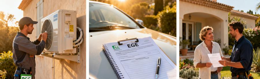 Artisan certifié RGE QualiPAC présentant attestation à propriétaires cannois pour installation pompe à chaleur