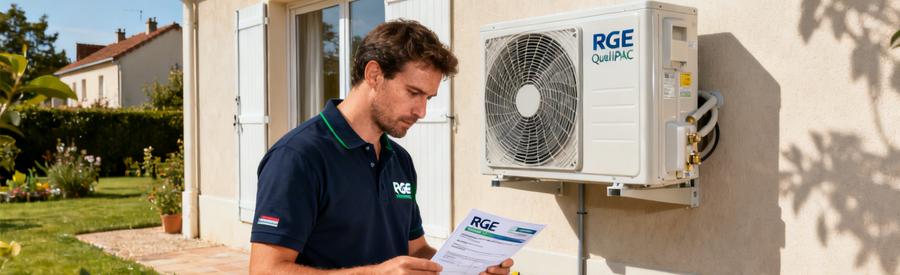 Artisan certifié RGE QualiPAC vérifiant document de certification devant une pompe à chaleur installée à Cergy