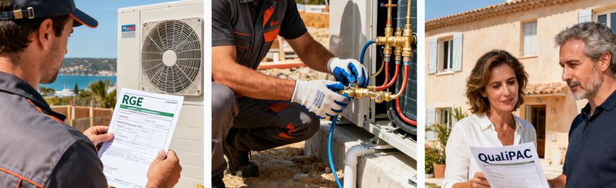 Installateur Rge Qualipac Pompe Chaleur Le Cannet Artisan certifié RGE QualiPAC installant une pompe à chaleur au Cannet avec propriétaires