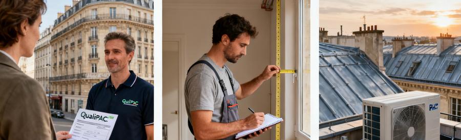 Artisan RGE QualiPAC présentant ses certifications avant installation pompe à chaleur immeuble Paris 7e