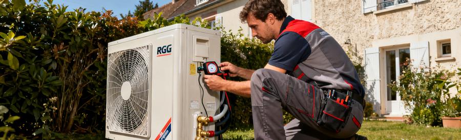 Installateur RGE QualiPAC effectuant la mise en service d'une pompe à chaleur air-eau à Rueil-Malmaison