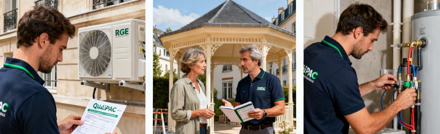 Installateur RGE QualiPAC présentant ses certifications à un propriétaire pour une PAC à Vincennes