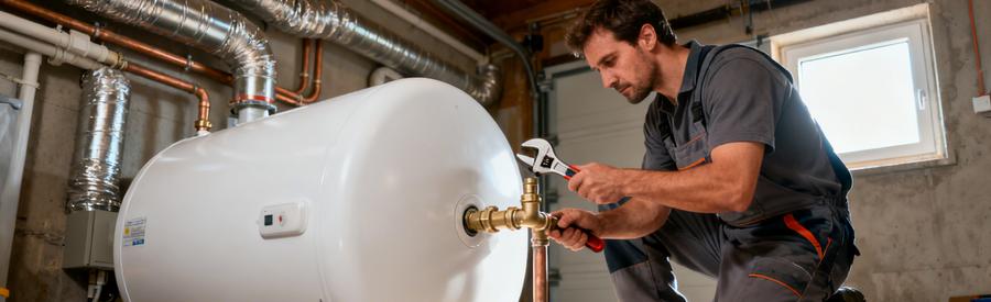 Devis ballon thermodynamique : Technicien RGE raccordant un ballon thermodynamique dans un local technique de maison individuelle
