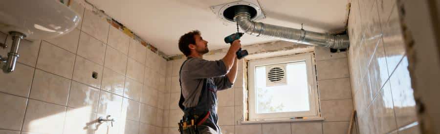 Devis VMC : Artisan installant une bouche d'extraction VMC simple flux au plafond d'une salle de bain en rénovation
