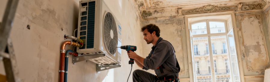 Technicien installant une pompe à chaleur air/air réversible dans un appartement haussmannien du Paris 1er