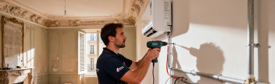 Artisan installant une pompe à chaleur air/air dans un appartement haussmannien du 2e arrondissement de Paris