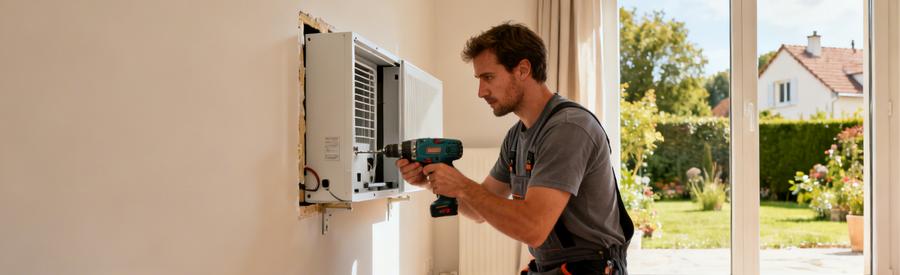Artisan RGE installant une unité intérieure de PAC air/air dans un pavillon du Val-d'Oise 95