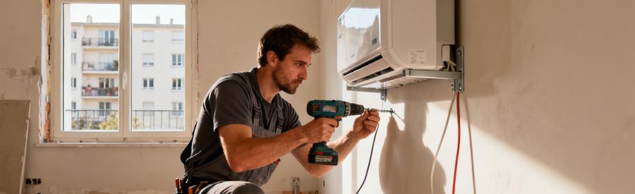 Artisan installant une unité intérieure de pompe à chaleur air/air dans un appartement à Bondy