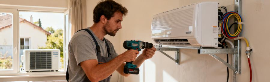 Technicien installant une unité intérieure de pompe à chaleur air/air dans un pavillon à Franconville