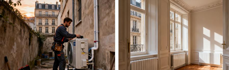 Installation pompe à chaleur air/eau dans cour haussmannienne Paris 6e et résultat confort intérieur appartement rénové
