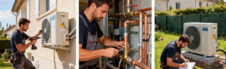 Installation Pac Air Eau Champigny Sur Marne Etapes Techniciens installant une pompe à chaleur air/eau à Champigny-sur-Marne : pose unité extérieure, raccordement et dimensionnement