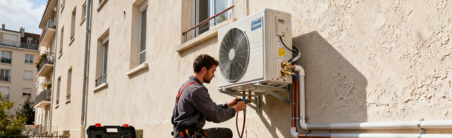 Installation Pac Air Eau Immeuble Courbevoie Artisan RGE raccordant une pompe à chaleur air/eau sur façade d'immeuble résidentiel à Courbevoie