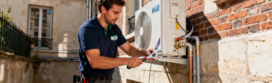 Technicien RGE raccordant une pompe à chaleur air/eau sur façade d'immeuble parisien dans le 19e arrondissement