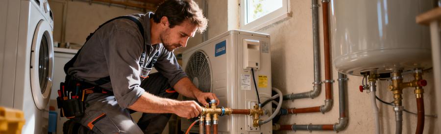 Artisan raccordant une pompe à chaleur air/eau au circuit de chauffage central dans un pavillon de Créteil