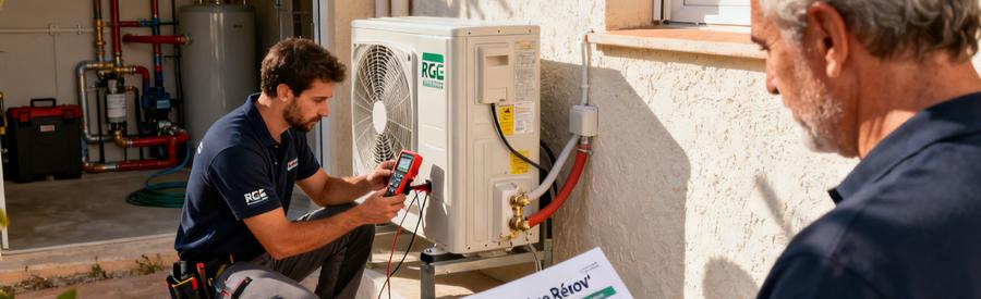 Artisan RGE QualiPAC raccordant une pompe à chaleur air-eau à Mandelieu-la-Napoule avec document aides financières